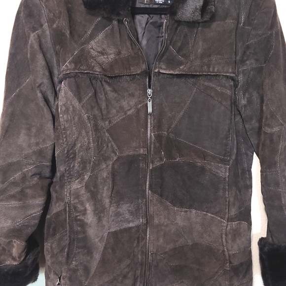 Leather Works Vintage Genuine Leather Patchwork Faux Fur Trim  Brown Size Small - Picture 4 of 12